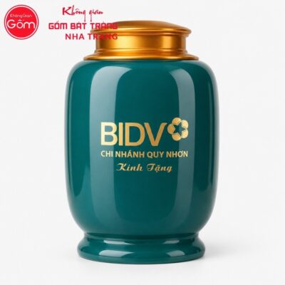 Hũ đựng trà quà tặng gốm sứ in logo dáng bí màu xanh cổ vịt hoạ tiết hoa sen vàng kim NT-HT02 - Chi tiết 2