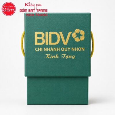 Hũ đựng trà quà tặng gốm sứ in logo dáng bí màu xanh cổ vịt hoạ tiết hoa sen vàng kim NT-HT02 - Chi tiết 4