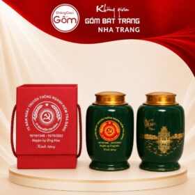 Hũ đựng trà quà tặng gốm sứ in logo dáng bí màu xanh lục hoạ tiết Hồ Gươm NT-HT07 - Ảnh đại diện