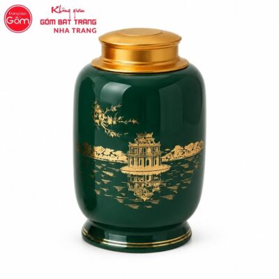 Hũ đựng trà quà tặng gốm sứ in logo dáng bí màu xanh lục hoạ tiết Hồ Gươm NT-HT07 - Chi tiết 1