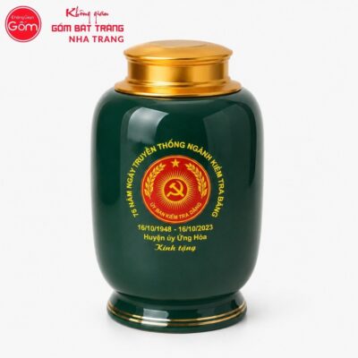 Hũ đựng trà quà tặng gốm sứ in logo dáng bí màu xanh lục hoạ tiết Hồ Gươm NT-HT07 - Chi tiết 2