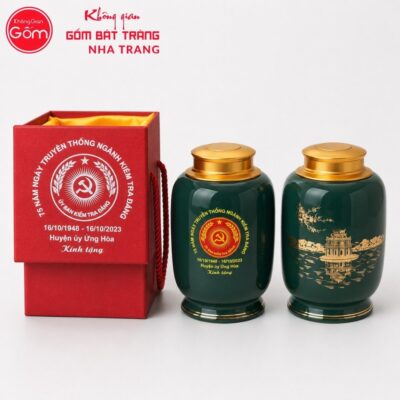 Hũ đựng trà quà tặng gốm sứ in logo dáng bí màu xanh lục hoạ tiết Hồ Gươm NT-HT07 - Chi tiết 3