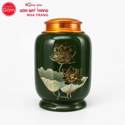 Hũ đựng trà quà tặng gốm sứ in logo dáng bí màu xanh lục hoạ tiết hoa sen NT-HT03 - Chi tiết 1