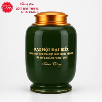 Hũ đựng trà quà tặng gốm sứ in logo dáng bí màu xanh lục hoạ tiết hoa sen NT-HT03 - Chi tiết 2