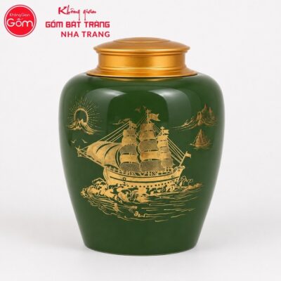 Hũ đựng trà quà tặng gốm sứ in logo dáng bí màu xanh lục hoạ tiết thuyền buồm vàng kim NT-HT04 - Chi tiết 1