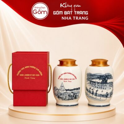 Hũ đựng trà quà tặng gốm sứ in logo dáng bí men rạn hanh vàng vẽ cảnh theo yêu cầu NT-HT08 - Ảnh đại diện