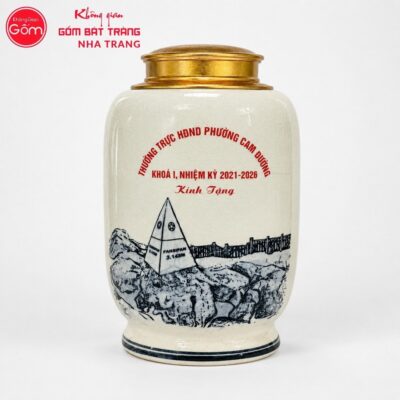 Hũ đựng trà quà tặng gốm sứ in logo dáng bí men rạn hanh vàng vẽ cảnh theo yêu cầu NT-HT08 - Chi tiết 1