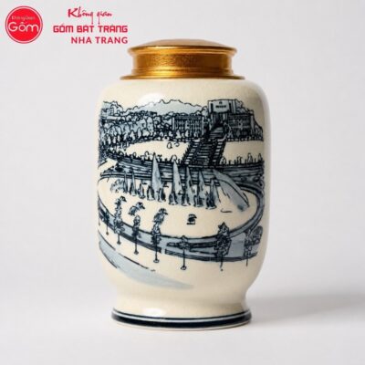 Hũ đựng trà quà tặng gốm sứ in logo dáng bí men rạn hanh vàng vẽ cảnh theo yêu cầu NT-HT08 - Chi tiết 2