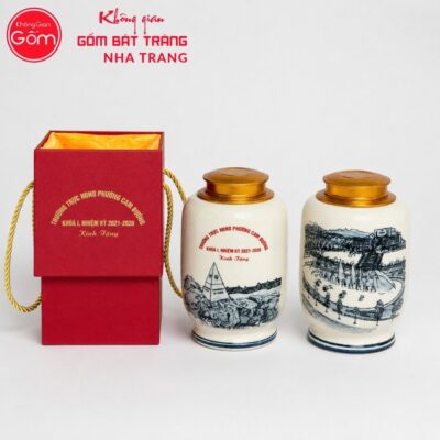 Hũ đựng trà quà tặng gốm sứ in logo dáng bí men rạn hanh vàng vẽ cảnh theo yêu cầu NT-HT08 - Chi tiết 3