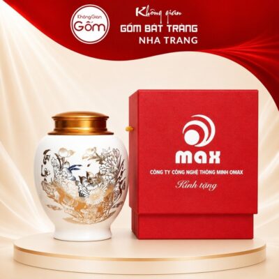 Hũ đựng trà quà tặng gốm sứ in logo dáng choé màu trắng hoạ tiết khổng tước hoa mẫu đơn vàng kim NT-HT05 - Ảnh đại diện