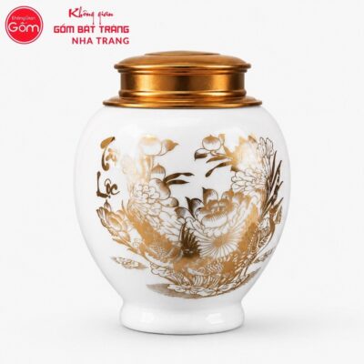 Hũ đựng trà quà tặng gốm sứ in logo dáng choé màu trắng hoạ tiết khổng tước hoa mẫu đơn vàng kim NT-HT05 - Chi tiết 1