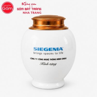 Hũ đựng trà quà tặng gốm sứ in logo dáng choé màu trắng hoạ tiết khổng tước hoa mẫu đơn vàng kim NT-HT05 - Chi tiết 2