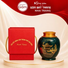 Hũ đựng trà quà tặng gốm sứ in logo dáng choé màu xanh lục hoạ tiết chùa Một Cột NT-HT06 - Ảnh đại diện