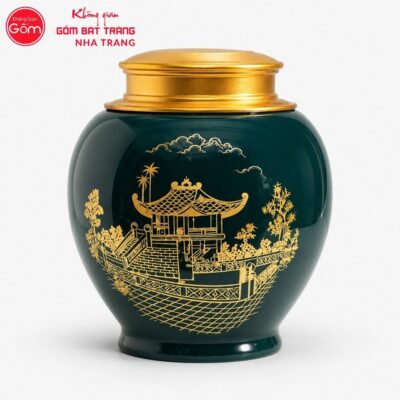Hũ đựng trà quà tặng gốm sứ in logo dáng choé màu xanh lục hoạ tiết chùa Một Cột NT-HT06 - Chi tiết 1