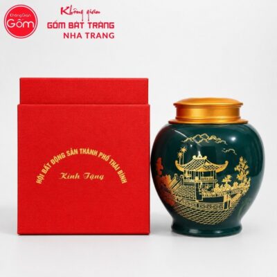 Hũ đựng trà quà tặng gốm sứ in logo dáng choé màu xanh lục hoạ tiết chùa Một Cột NT-HT06 - Chi tiết 2