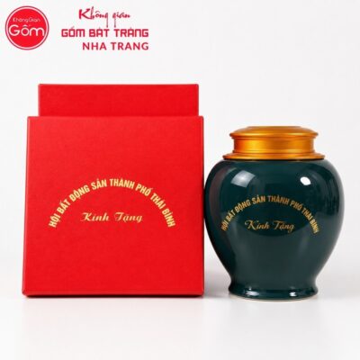 Hũ đựng trà quà tặng gốm sứ in logo dáng choé màu xanh lục hoạ tiết chùa Một Cột NT-HT06 - Chi tiết 3