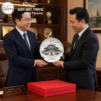 Đĩa sứ biểu trưng quà tặng in logo in hình ảnh trụ sở vàng kim phi 26 NT-ĐBT08 - Chi tiết 5
