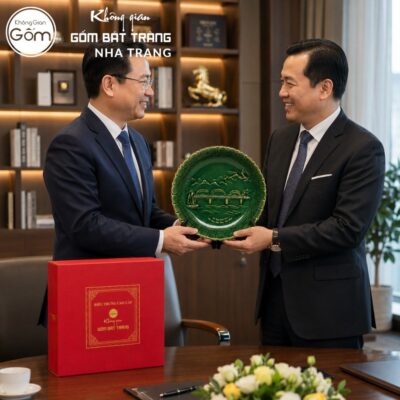 Đĩa sứ biểu trưng quà tặng in logo men xanh lục bảo vẽ cảnh Cầu Rồng phi 25 NT-ĐBT03 - Chi tiết 5