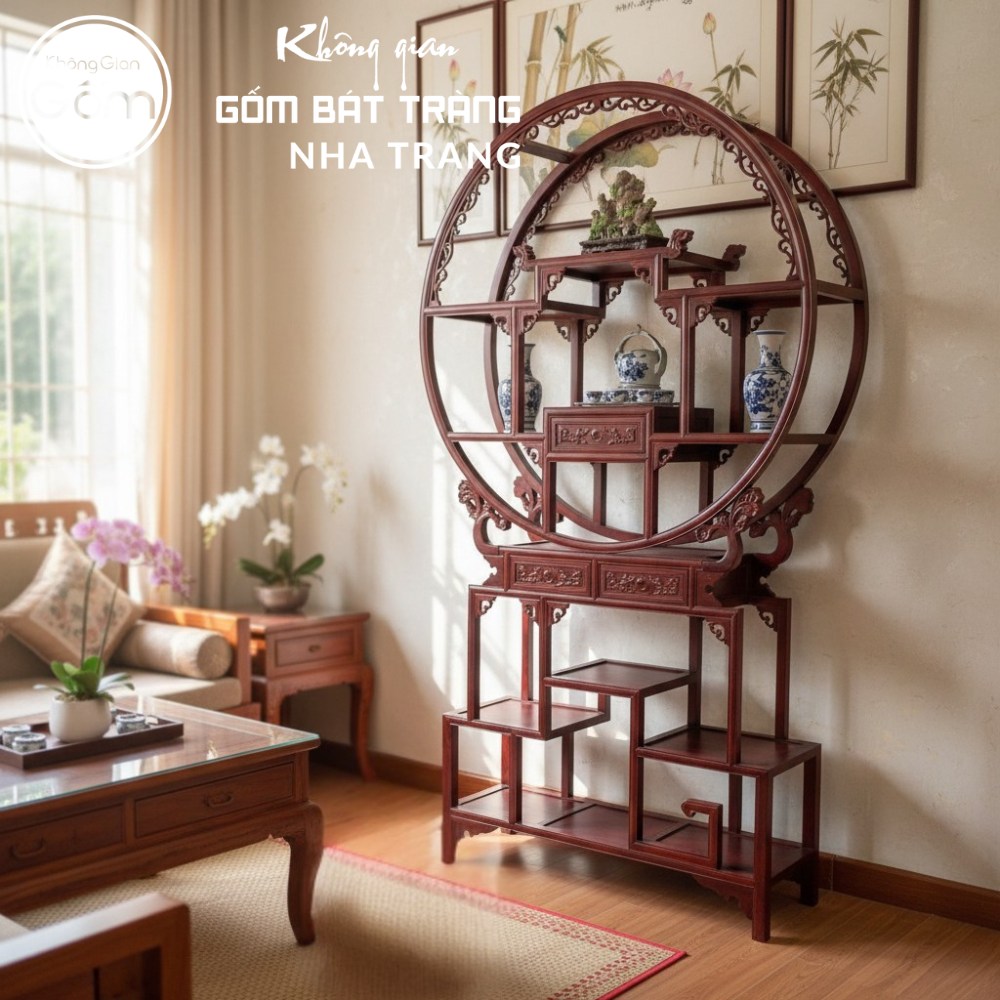 Kệ gỗ trưng bày gốm sứ