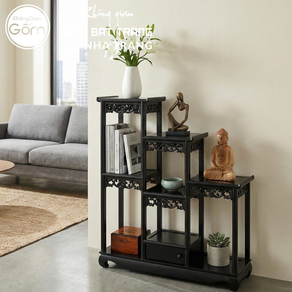Kệ gỗ trưng bày gốm sứ