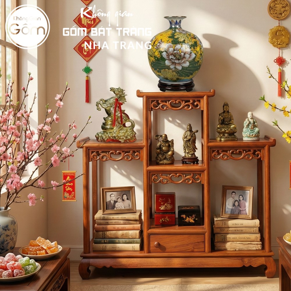 Kệ gỗ trưng bày gốm sứ