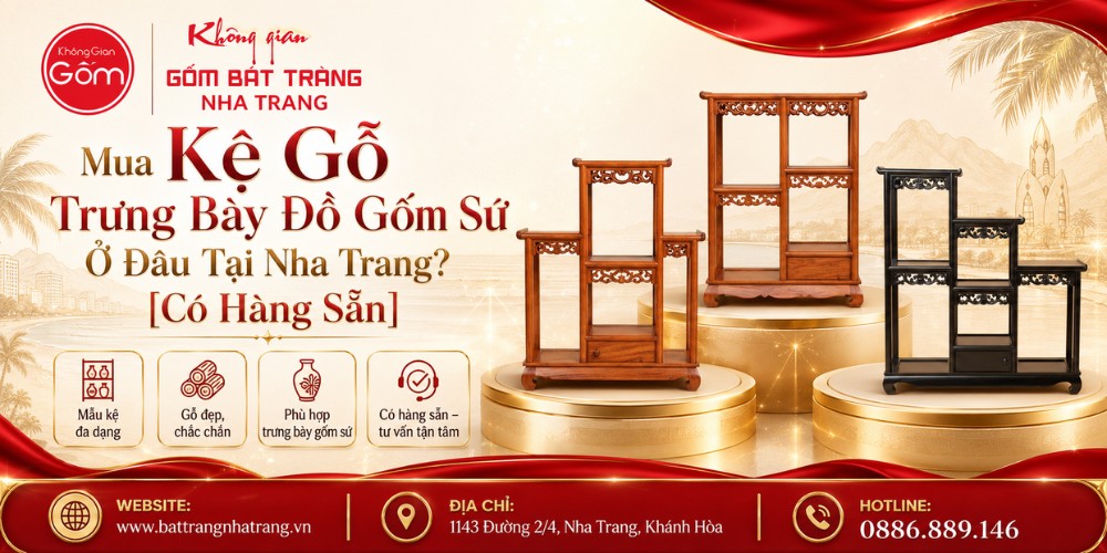 Kệ gỗ trưng bày đồ gốm sứ