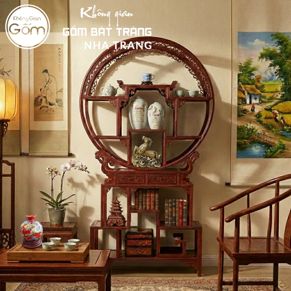 Kệ gỗ trưng bày gốm sứ