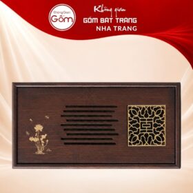 Khay gỗ đựng bộ trà hình chữ nhật khắc hoạ tiết kim ấn mộc liên vàng kim NT-KBT07 - Ảnh đại diện