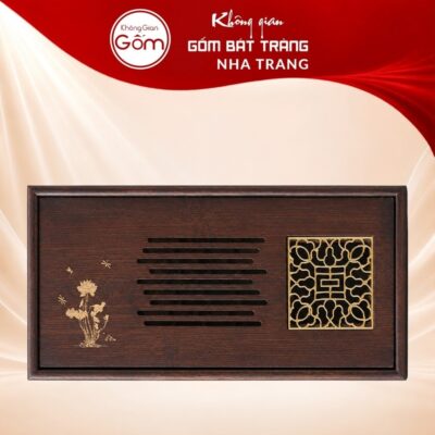 Khay gỗ đựng bộ trà hình chữ nhật khắc hoạ tiết kim ấn mộc liên vàng kim NT-KBT07 - Ảnh đại diện