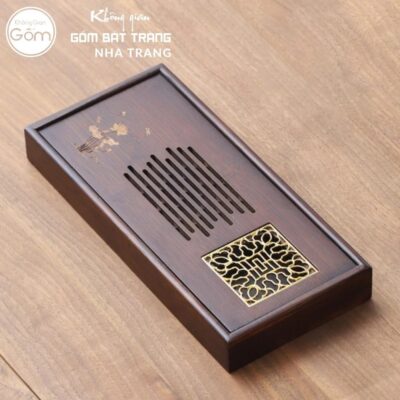 Khay gỗ đựng bộ trà hình chữ nhật khắc hoạ tiết kim ấn mộc liên vàng kim NT-KBT07 - Chi tiết 1
