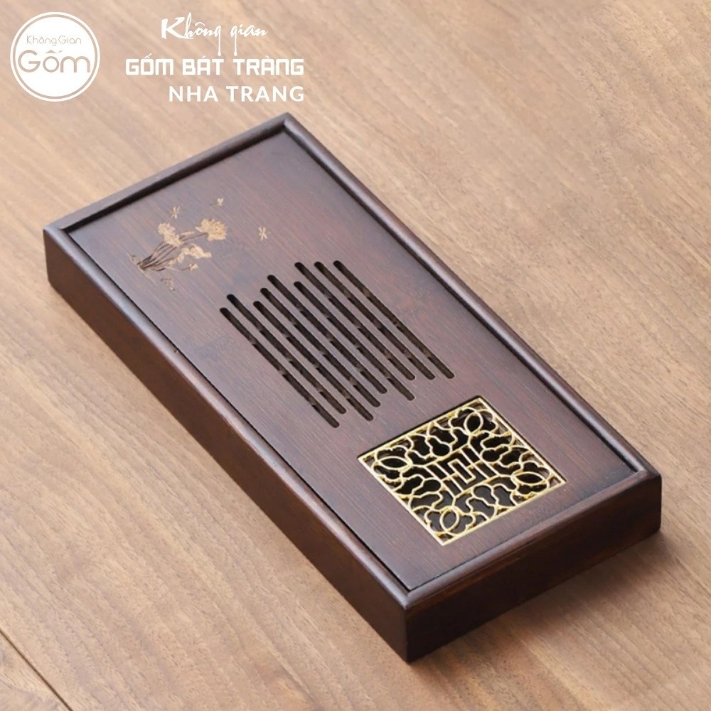 Khay gỗ đựng bộ trà hình chữ nhật khắc hoạ tiết kim ấn mộc liên vàng kim NT-KBT07 - Chi tiết 1