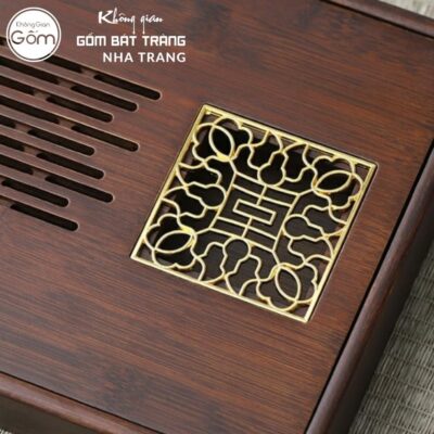 Khay gỗ đựng bộ trà hình chữ nhật khắc hoạ tiết kim ấn mộc liên vàng kim NT-KBT07 - Chi tiết 2