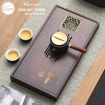 Khay gỗ đựng bộ trà hình chữ nhật khắc hoạ tiết kim ấn mộc liên vàng kim NT-KBT07 - Chi tiết 5