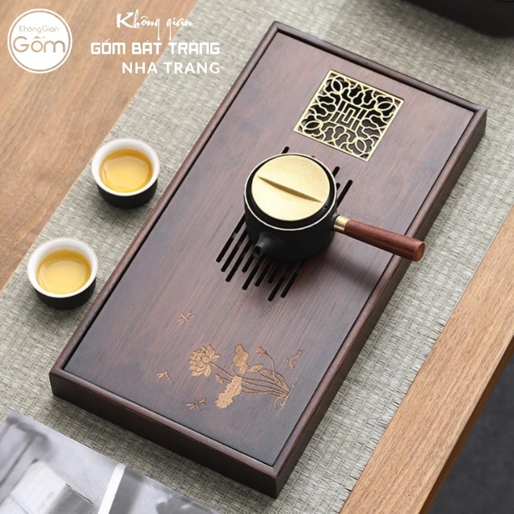 Khay gỗ đựng bộ trà hình chữ nhật khắc hoạ tiết kim ấn mộc liên vàng kim NT-KBT07 - Chi tiết 5