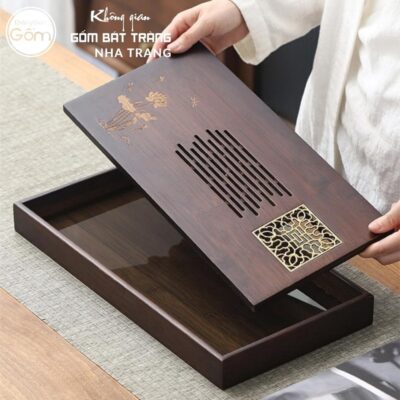 Khay gỗ đựng bộ trà hình chữ nhật khắc hoạ tiết kim ấn mộc liên vàng kim NT-KBT07 - Chi tiết 6