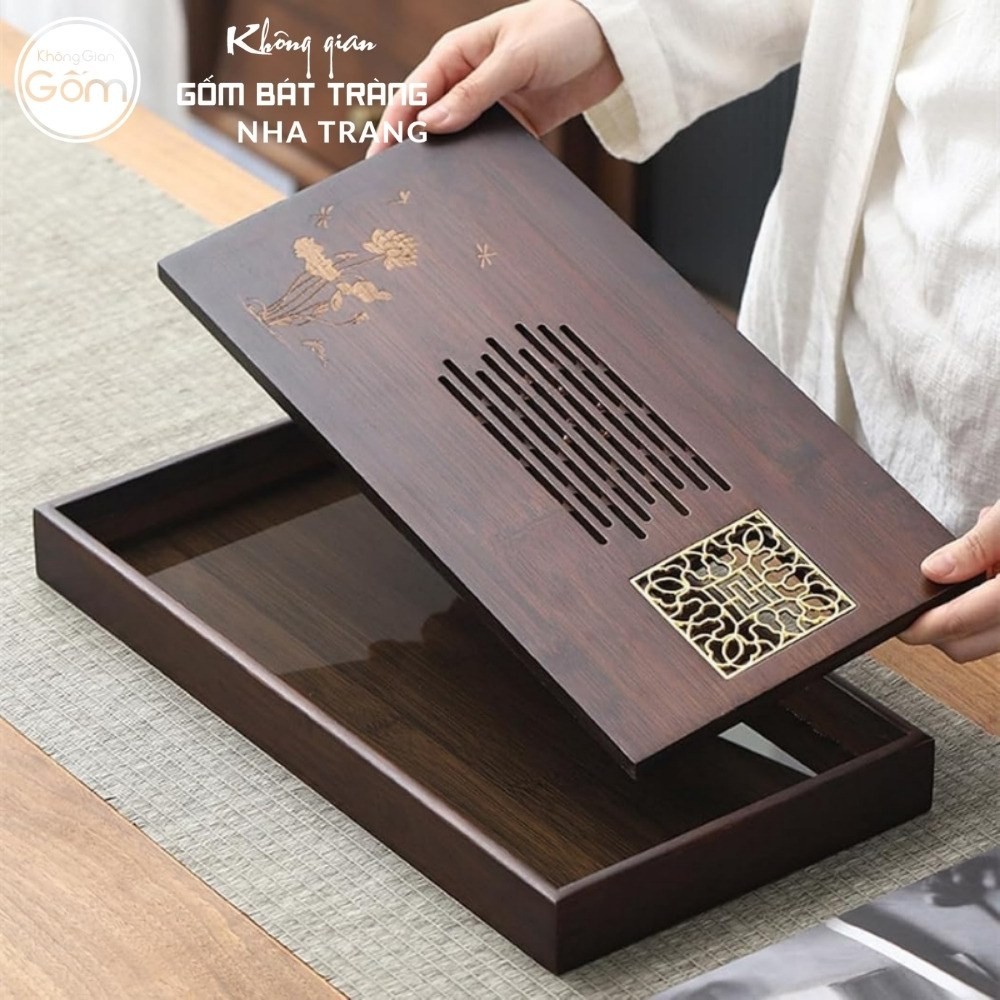 Khay gỗ đựng bộ trà hình chữ nhật khắc hoạ tiết kim ấn mộc liên vàng kim NT-KBT07 - Chi tiết 6