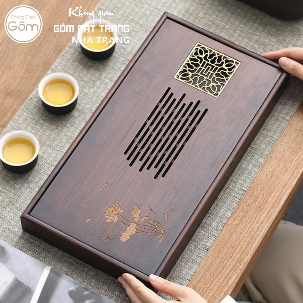 Khay gỗ đựng bộ trà hình chữ nhật khắc hoạ tiết kim ấn mộc liên vàng kim NT-KBT07 - Chi tiết 7
