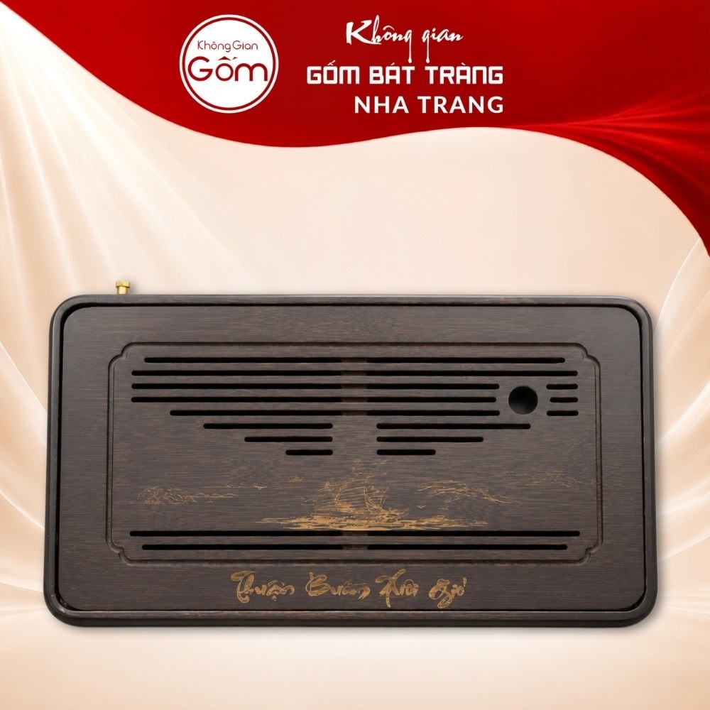 Khay gỗ đựng bộ trà hình chữ nhật khắc hoạ tiết thuyền buồm vàng kim NT-KBT05