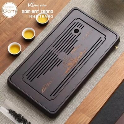 Khay gỗ đựng bộ trà hình chữ nhật khắc hoạ tiết thuyền buồm vàng kim NT-KBT05 - Chi tiết 2