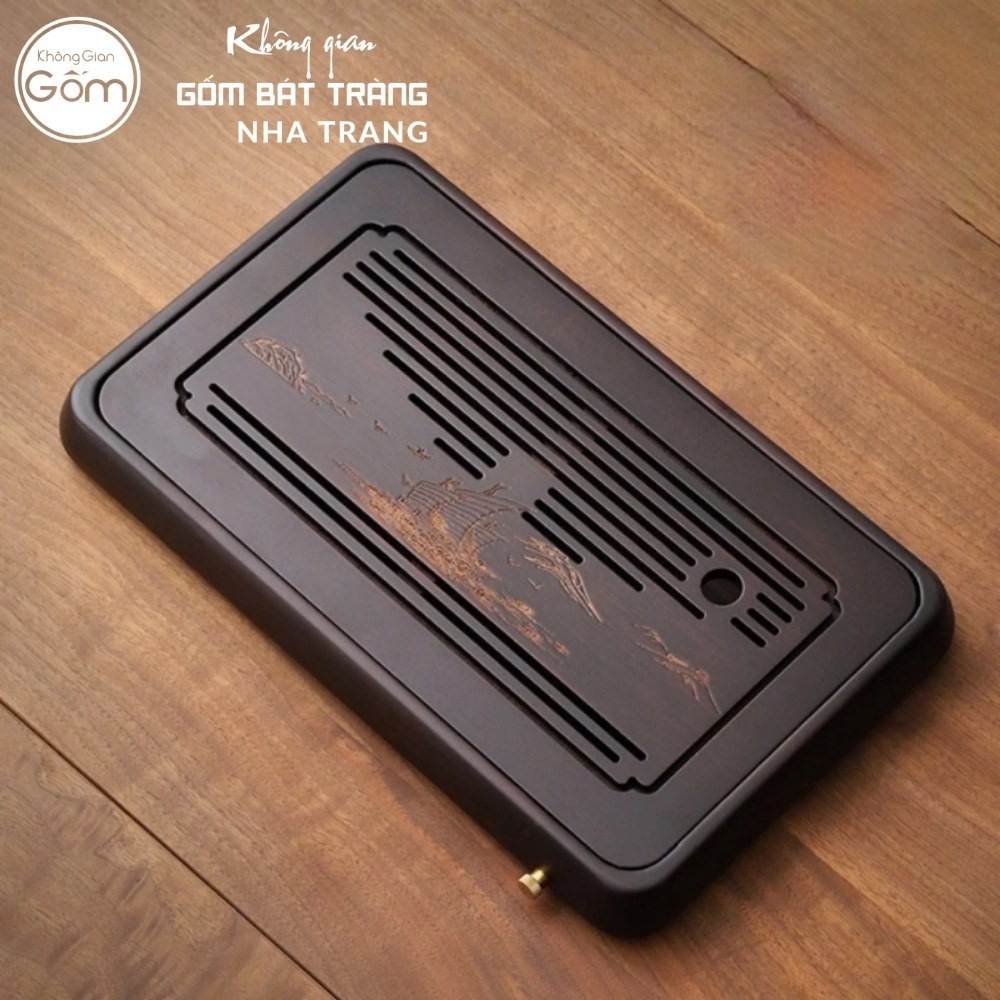 Khay gỗ đựng bộ trà hình chữ nhật khắc hoạ tiết thuyền buồm vàng kim NT-KBT05 - Chi tiết 3