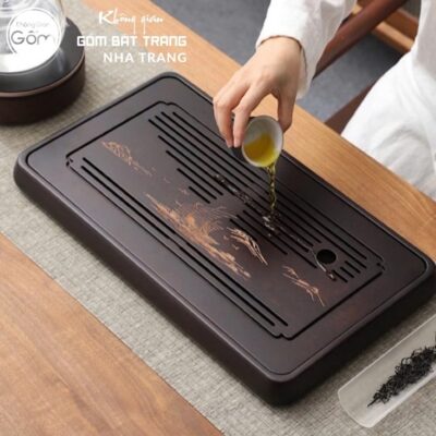 Khay gỗ đựng bộ trà hình chữ nhật khắc hoạ tiết thuyền buồm vàng kim NT-KBT05 - Chi tiết 4