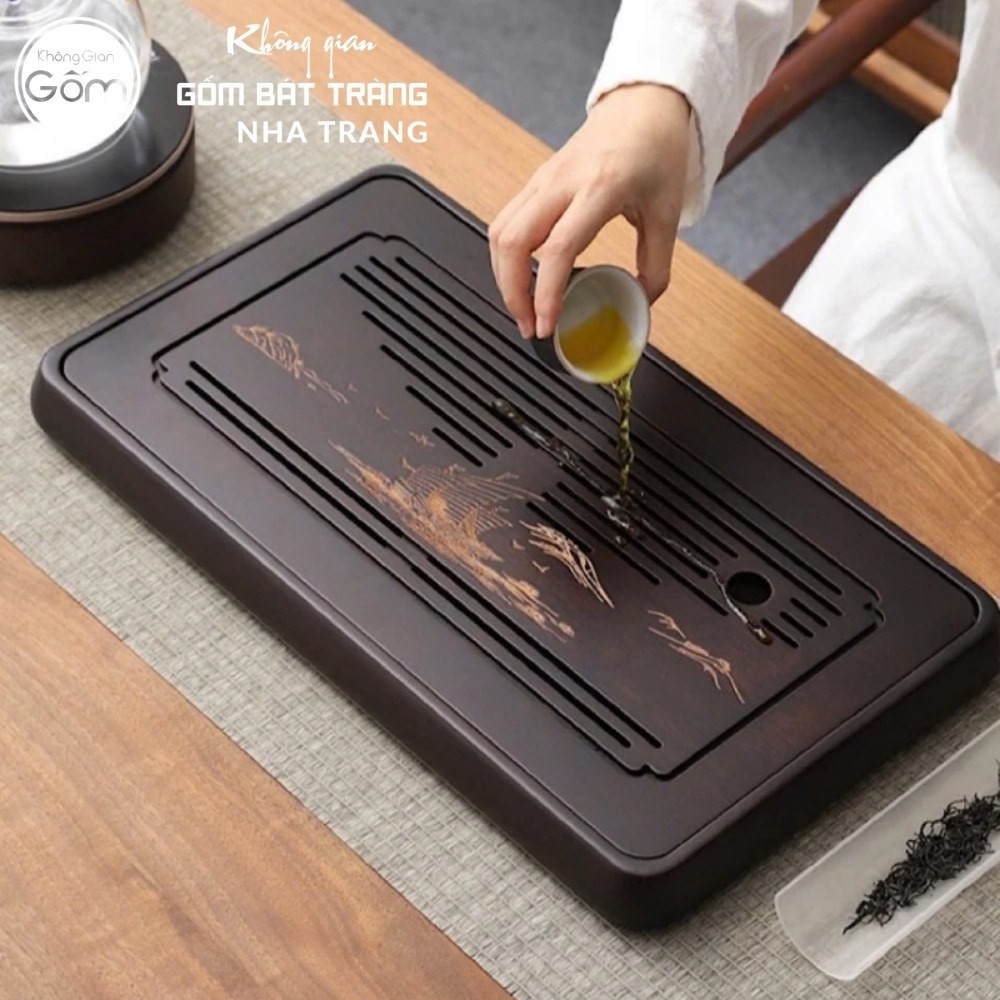 Khay gỗ đựng bộ trà hình chữ nhật khắc hoạ tiết thuyền buồm vàng kim NT-KBT05 - Chi tiết 4