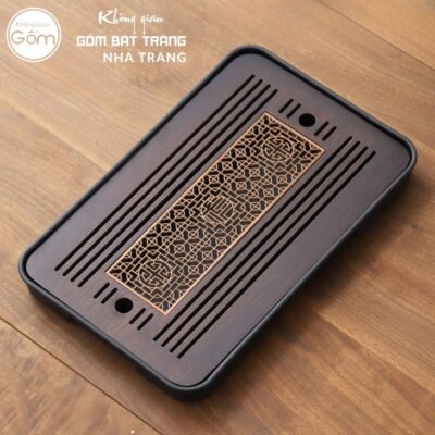 Khay gỗ đựng bộ trà hình chữ nhật khắc hoạ tiết vạn thọ giao hoà vàng kim NT-KBT04 - Chi tiết 1