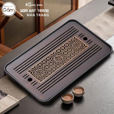 Khay gỗ đựng bộ trà hình chữ nhật khắc hoạ tiết vạn thọ giao hoà vàng kim NT-KBT04 - Chi tiết 2