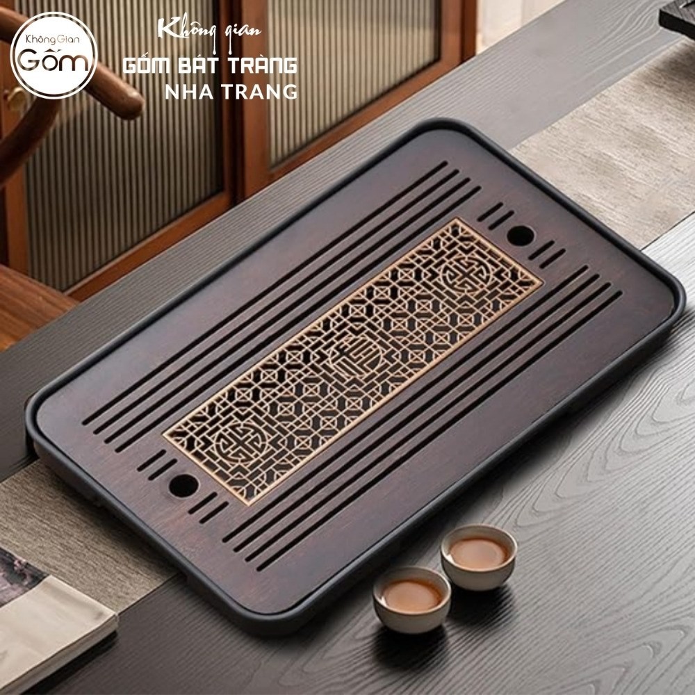 Khay gỗ đựng bộ trà hình chữ nhật khắc hoạ tiết vạn thọ giao hoà vàng kim NT-KBT04 - Chi tiết 2
