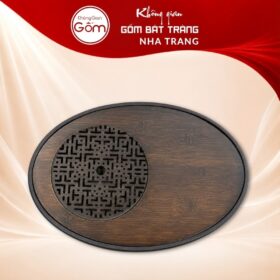 Khay gỗ đựng bộ trà hình oval chạm khắc hoạ tiết chữ Vạn cổ điển NT-KBT02 - Ảnh đại diện