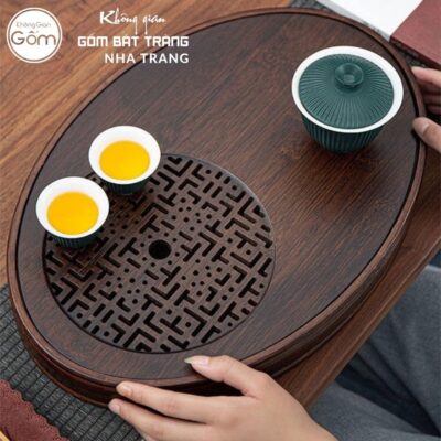 Khay gỗ đựng bộ trà hình oval chạm khắc hoạ tiết chữ Vạn cổ điển NT-KBT02 - Chi tiết 4