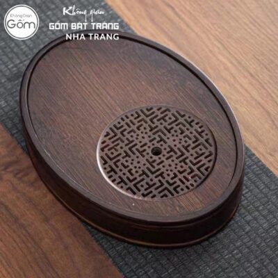 Khay gỗ đựng bộ trà hình oval chạm khắc hoạ tiết chữ Vạn cổ điển NT-KBT02 - Chi tiết 6