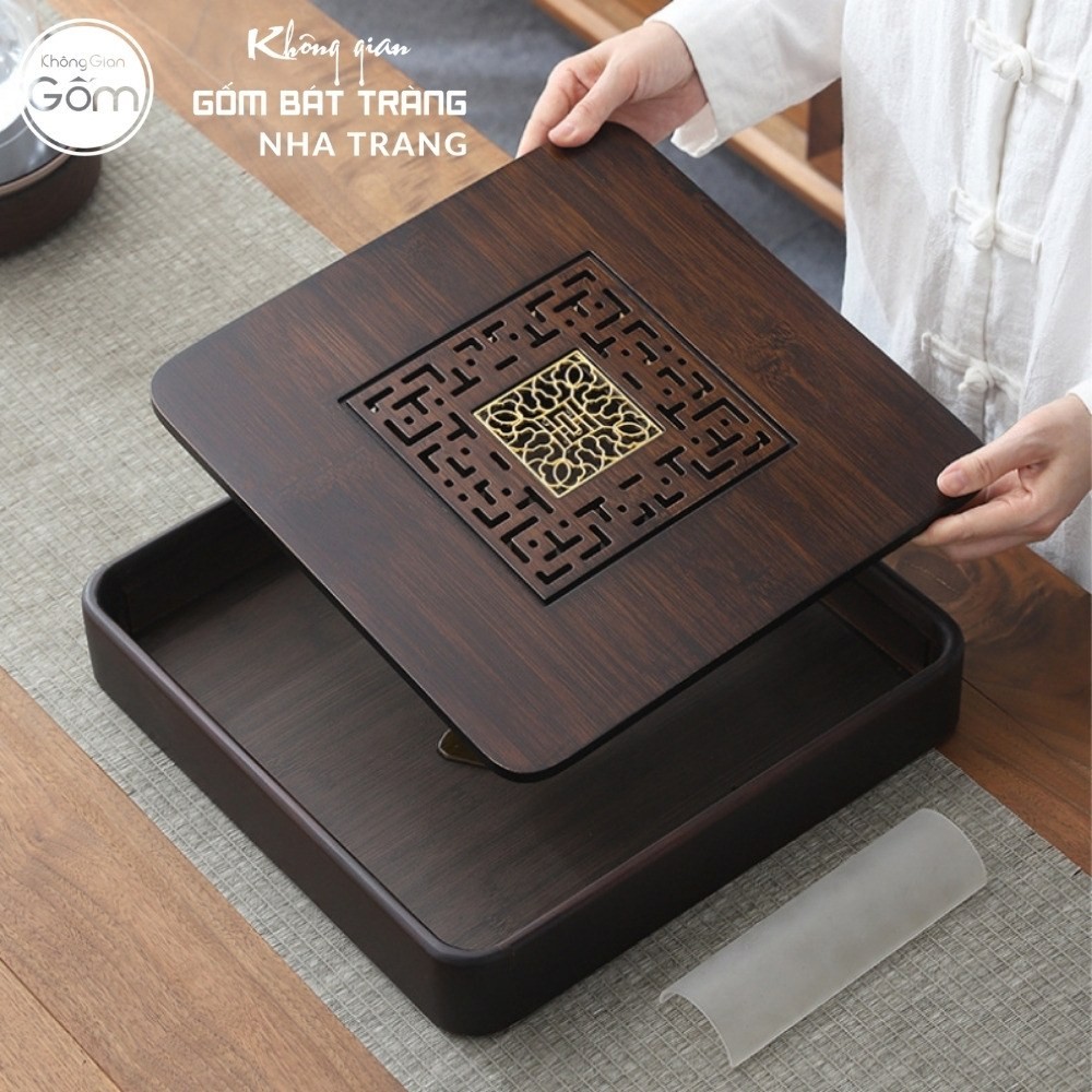 Khay gỗ đựng bộ trà hình vuông khắc bảo ấn hoàng kim NT-KBT01 - Chi tiết 5