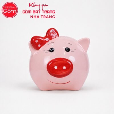 Lợn Đất Bát Tràng Mũi Đỏ Màu Hồng Thắt Nơ Đỏ NT-HĐ08 - Chi tiết 1